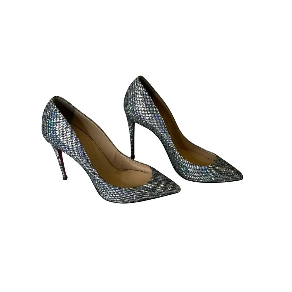 Christian Louboutin Silver Holographic Glitter Mesh Pointed Toe Pumps - 37.5